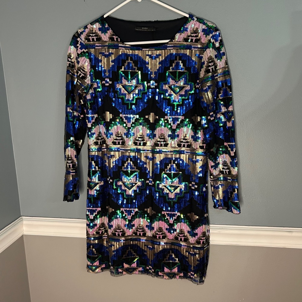 Zara W&B Collection Sequin Geometric Tribal Mini Dress Blue Gold Pink Small
